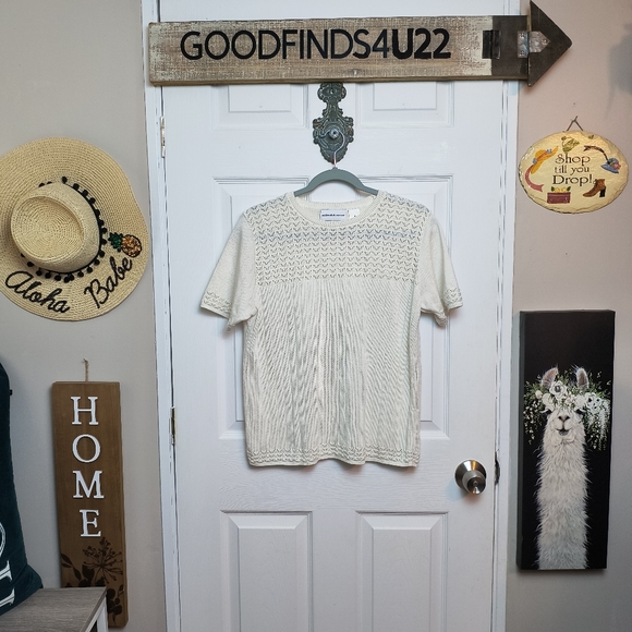 alfred dunner Cream ribbed Eyelet Crew Neck Short Sleeve Blouse Medium - Picture 1 of 9